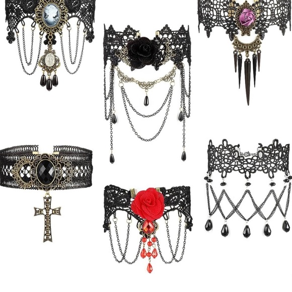 Jewelry - 6 Pcs Halloween Gothic Choker Necklace Black Lace for Women Vintage rose
